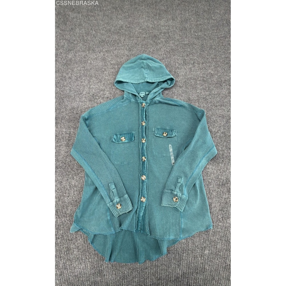 BKE Women's Teal Blue Waffle Knit Boyfriend Button Front Hoodie Jacket New Sz M